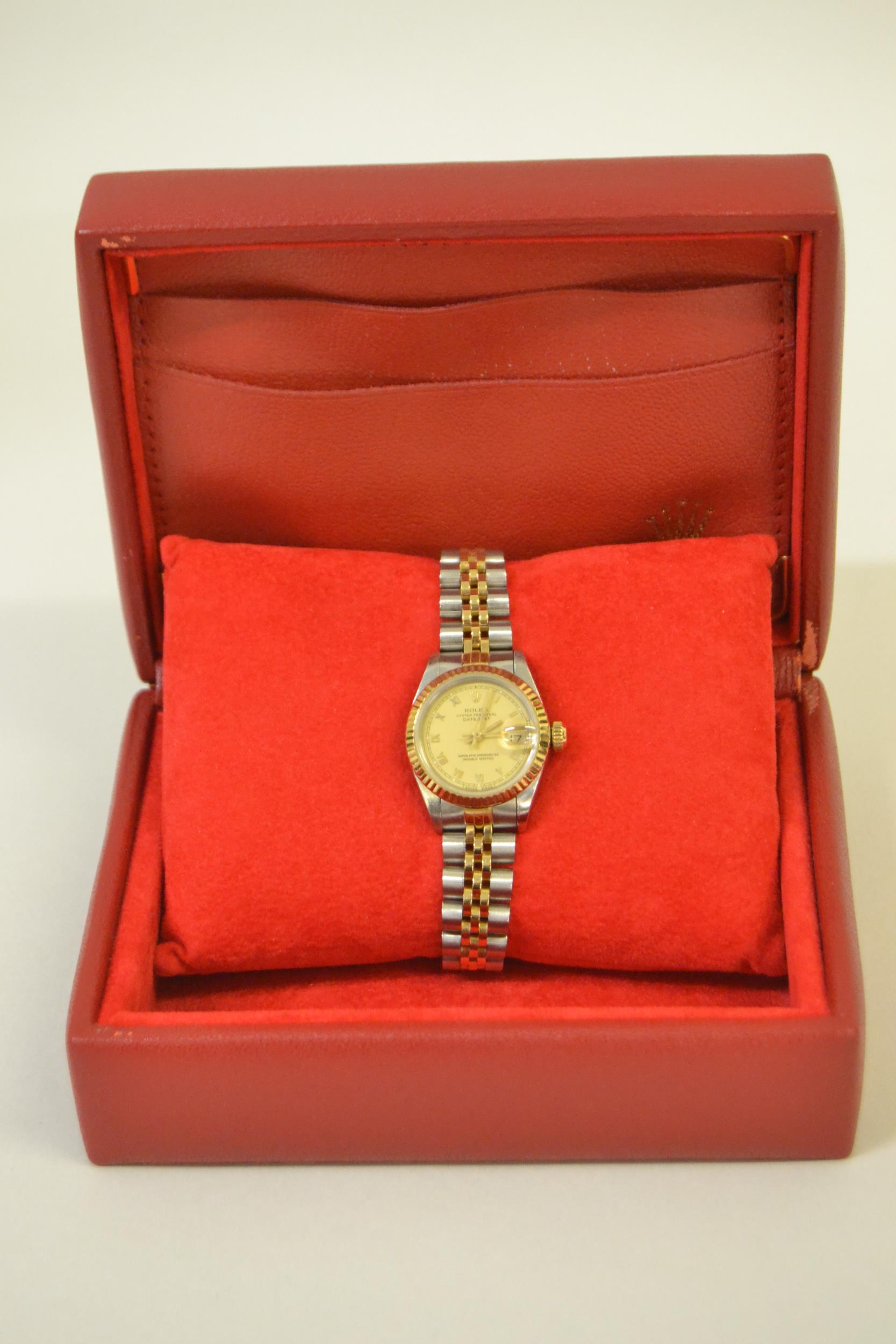 Ladies 18ct gold and stainless steel bi-metal Rolex Oyster Perpetual Datejust wristwatch, the gilt - Image 4 of 4