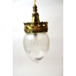 Early 20th Century brass hanging light with etched clear glass shade No cracks but does have some