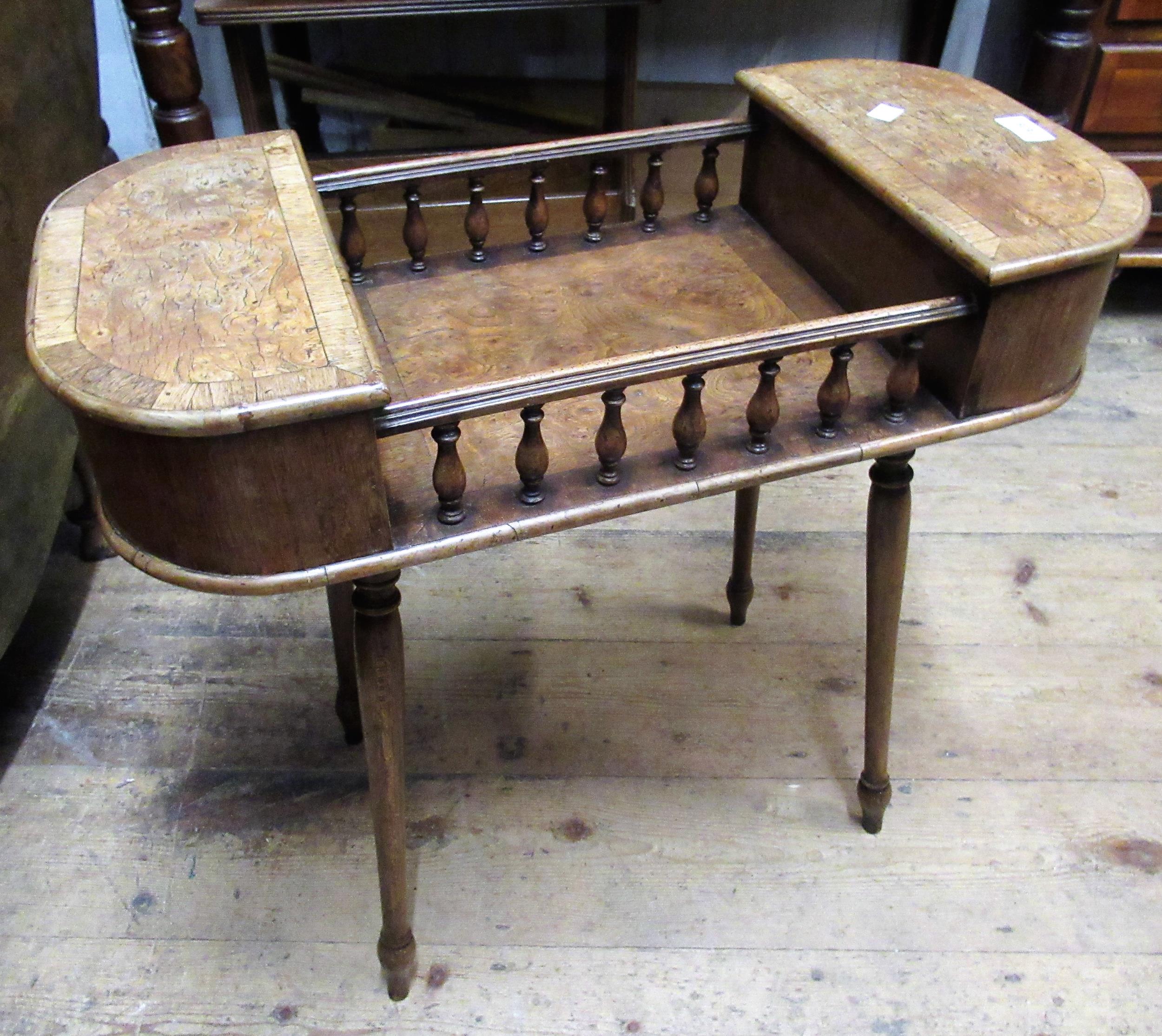 Mid 20th Century burr walnut work table, the galleried top with twin compartments, each with a