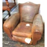 Late 19th / early 20th Century French brown leather upholstered library chair with loose cushion, (