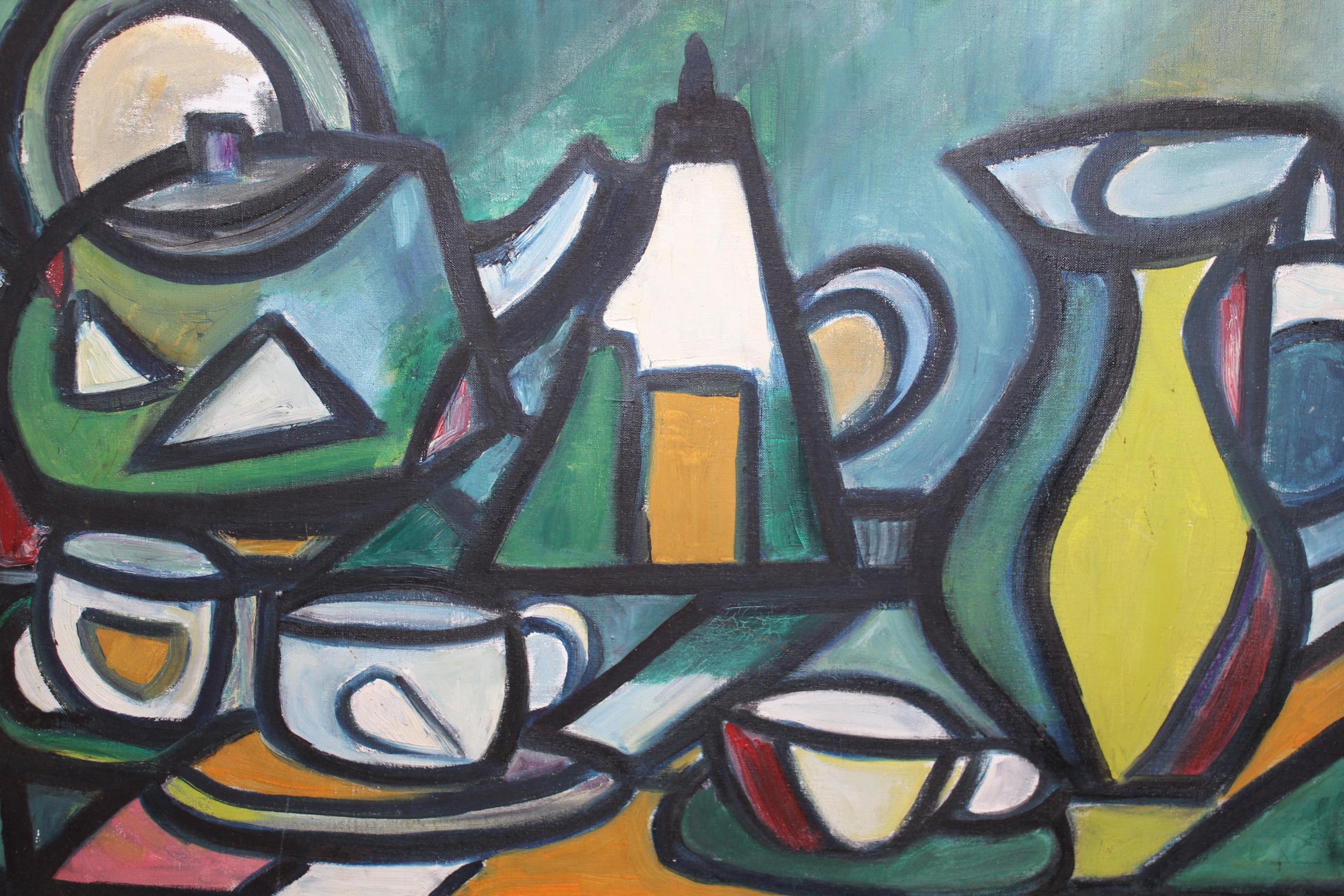 Philip Duerdoth, cubist style oil on canvas, still life of various tea ware, signed and inscribed