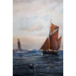 George H. Jenkins, signed watercolour, maritime scene with fishing boats near a lighthouse