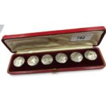 Boxed set of six late Victorian silver buttons, each cast with a portrait of a girl 1900 and in good