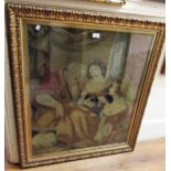 19th Century needlework picture, figures in an interior, in an ornate gilt frame, 83cms x 70cms