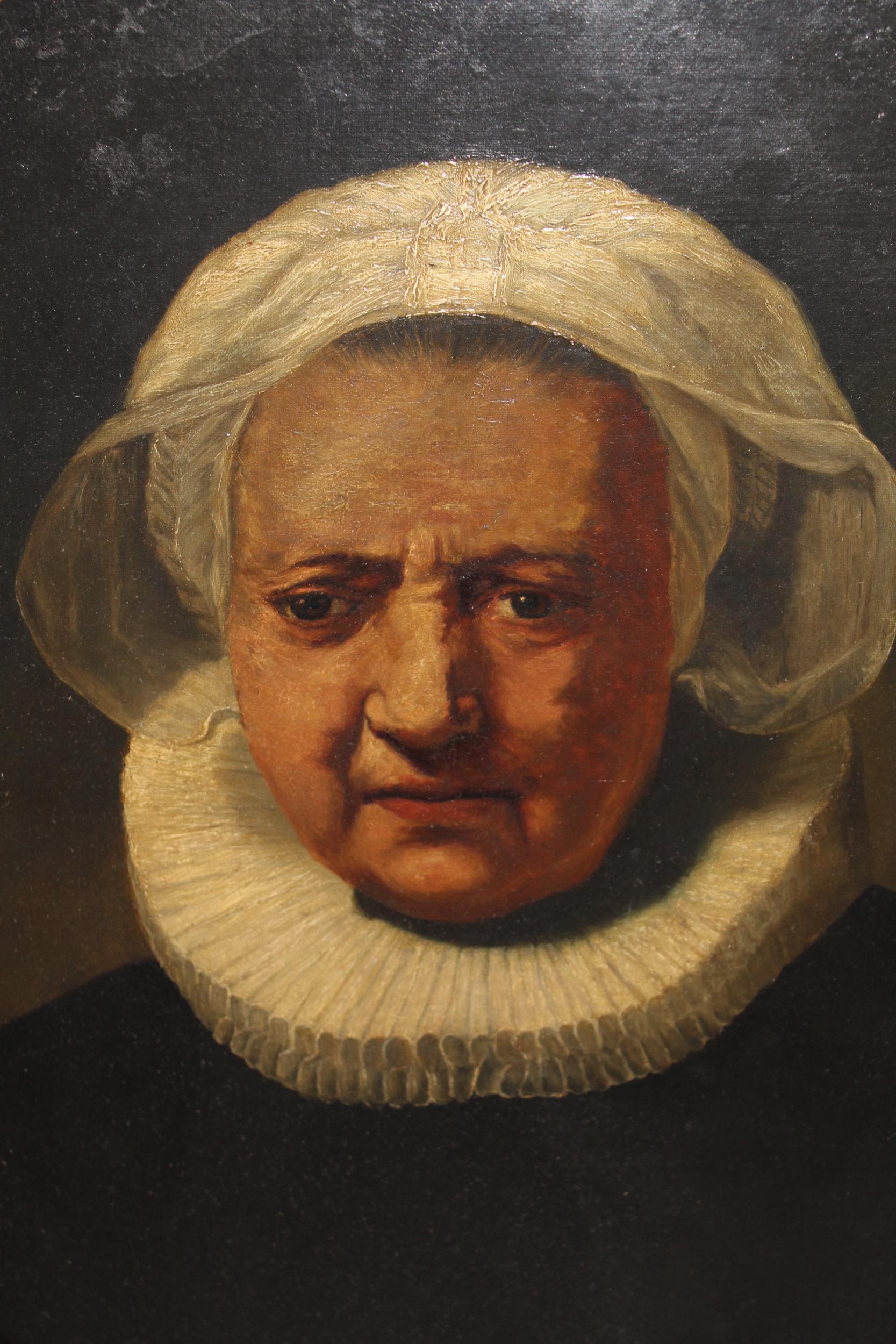 After Rembrandt, oil on board, portrait, 59cm x 45cm, oval mounted and gilt framed, together with an