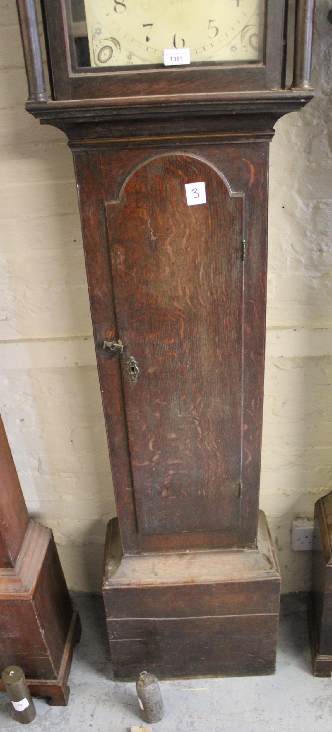 George III oak longcase clock, the square hood enclosing a painted dial with Arabic numerals, with a - Image 2 of 4