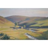 Julian Barrow, oil on canvas, view of a farmhouse in a hilly landscape, 23cms x 30cms, gilt framed