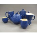 Moorcroft six piece tea service, decorated with a plain blue mottled glaze