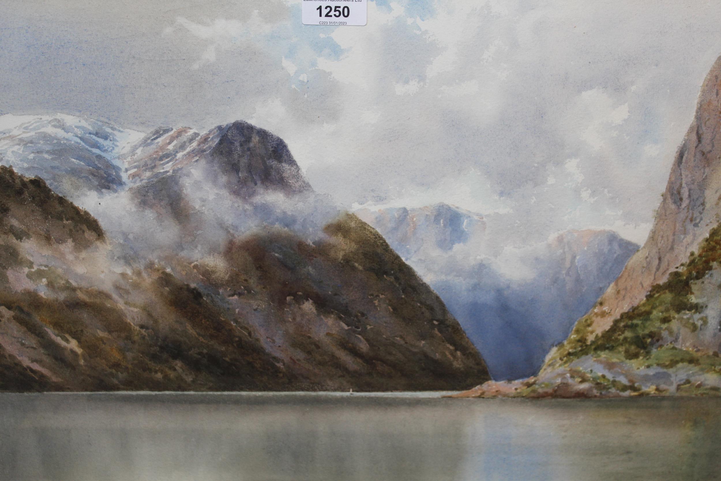 Fred R, Fitzgerald, signed watercolour, fjord scene, 38cms x 56cms In good condition, no damage.