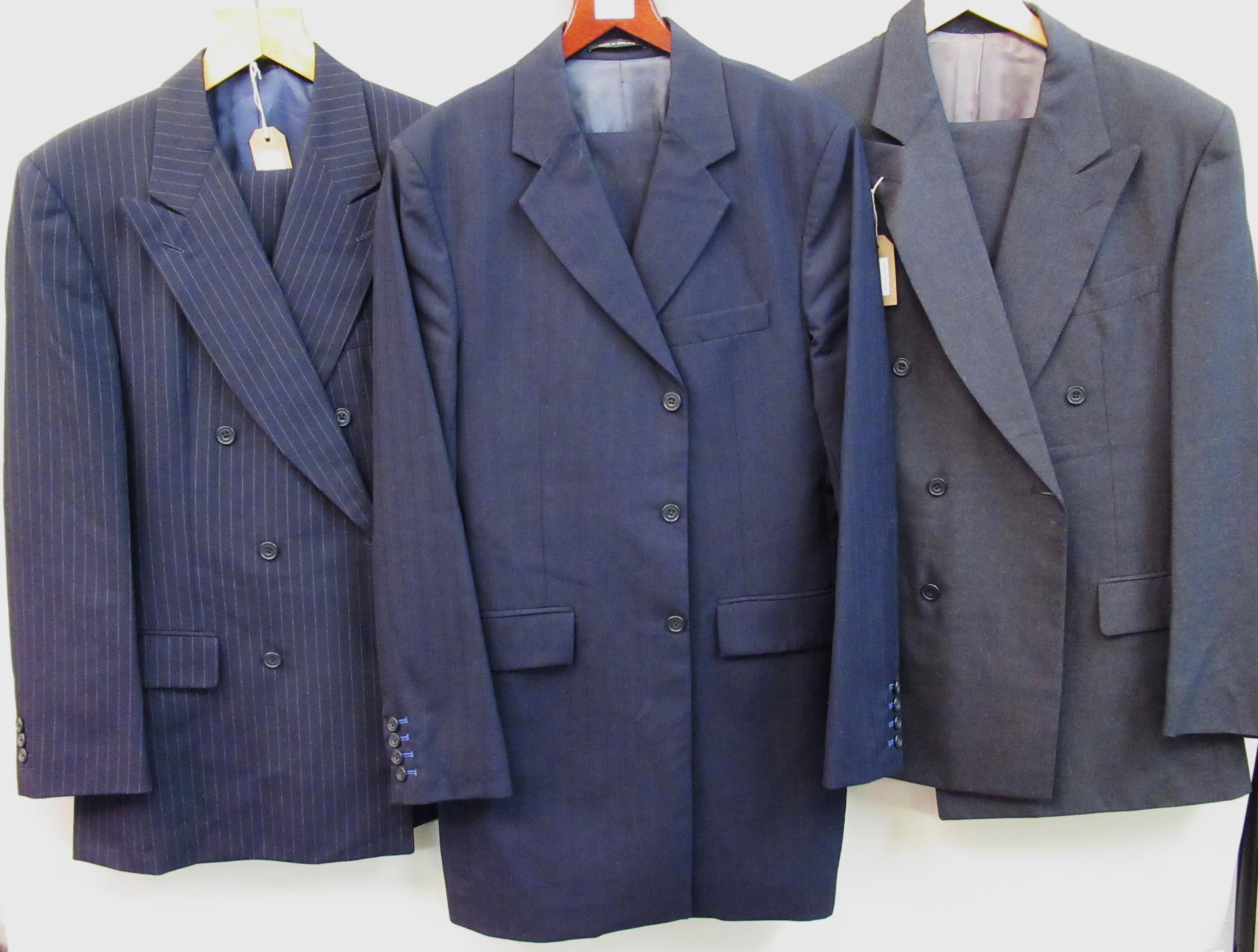 Favourbrook, London, gentleman's two piece navy blue suit, size 40, together with a pin striped suit