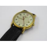 Gentleman's Longines circular gold plated quartz wristwatch, with leather strap Not currently