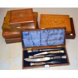 Mahogany cased five piece horn handled silver collared carving set, two cased sets of plated