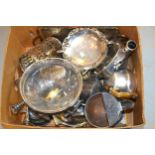 Two boxes containing a large quantity of miscellaneous silver plate and metalware