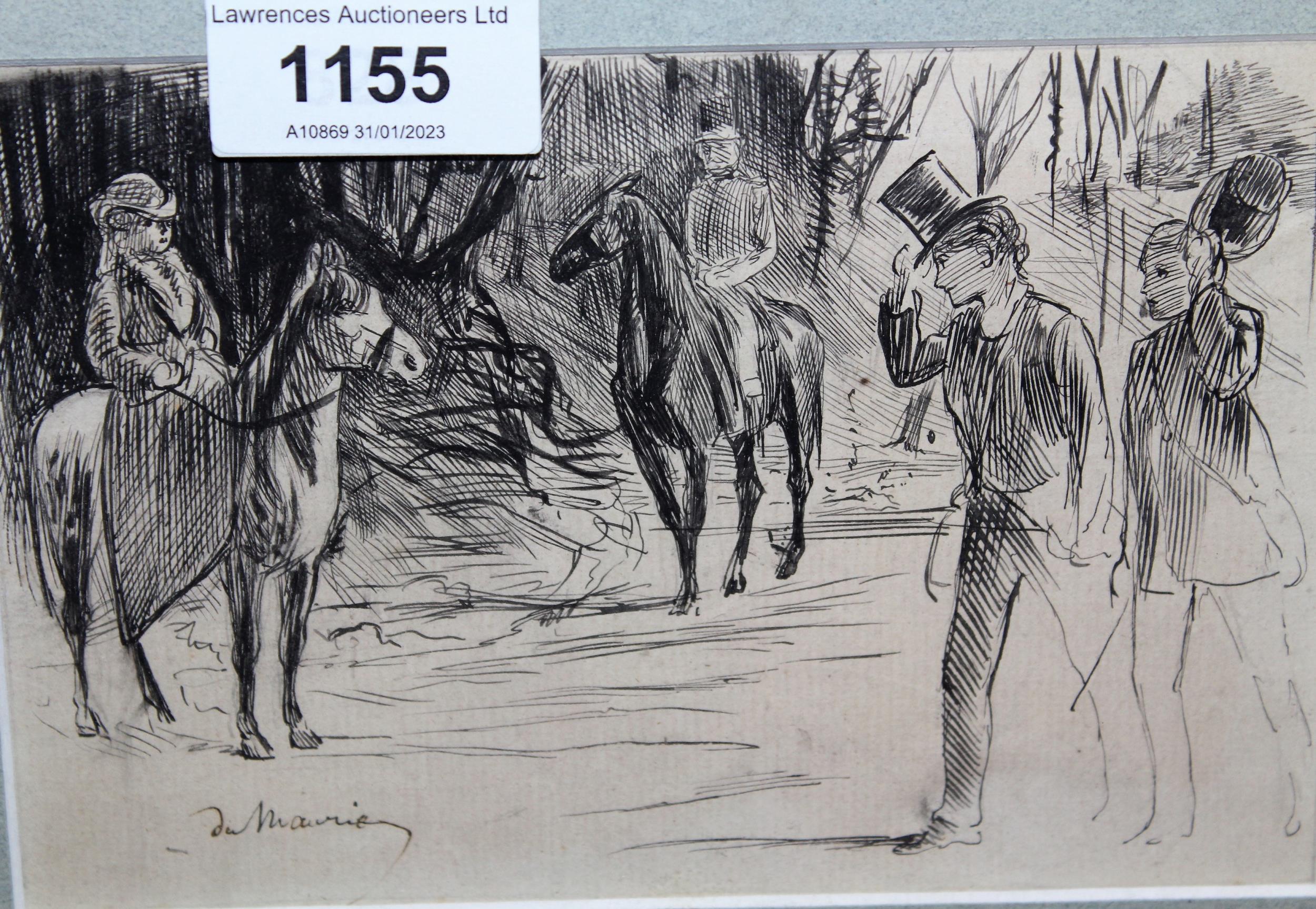 Late 19th / early 20th Century ink sketch, figures in a landscape on horseback, signed Du