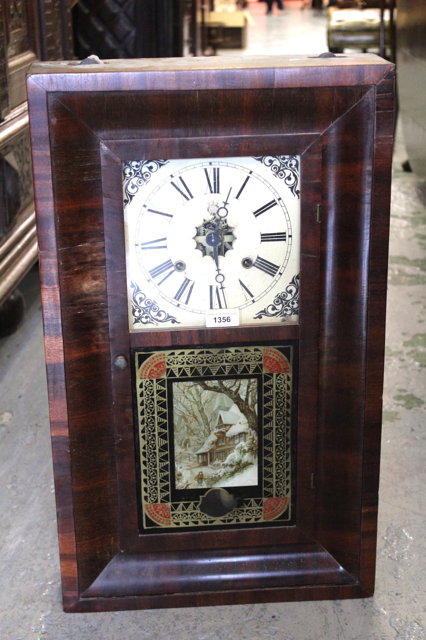 19th Century American wall clock, the mahogany ogee case with verre eglomise door, the painted