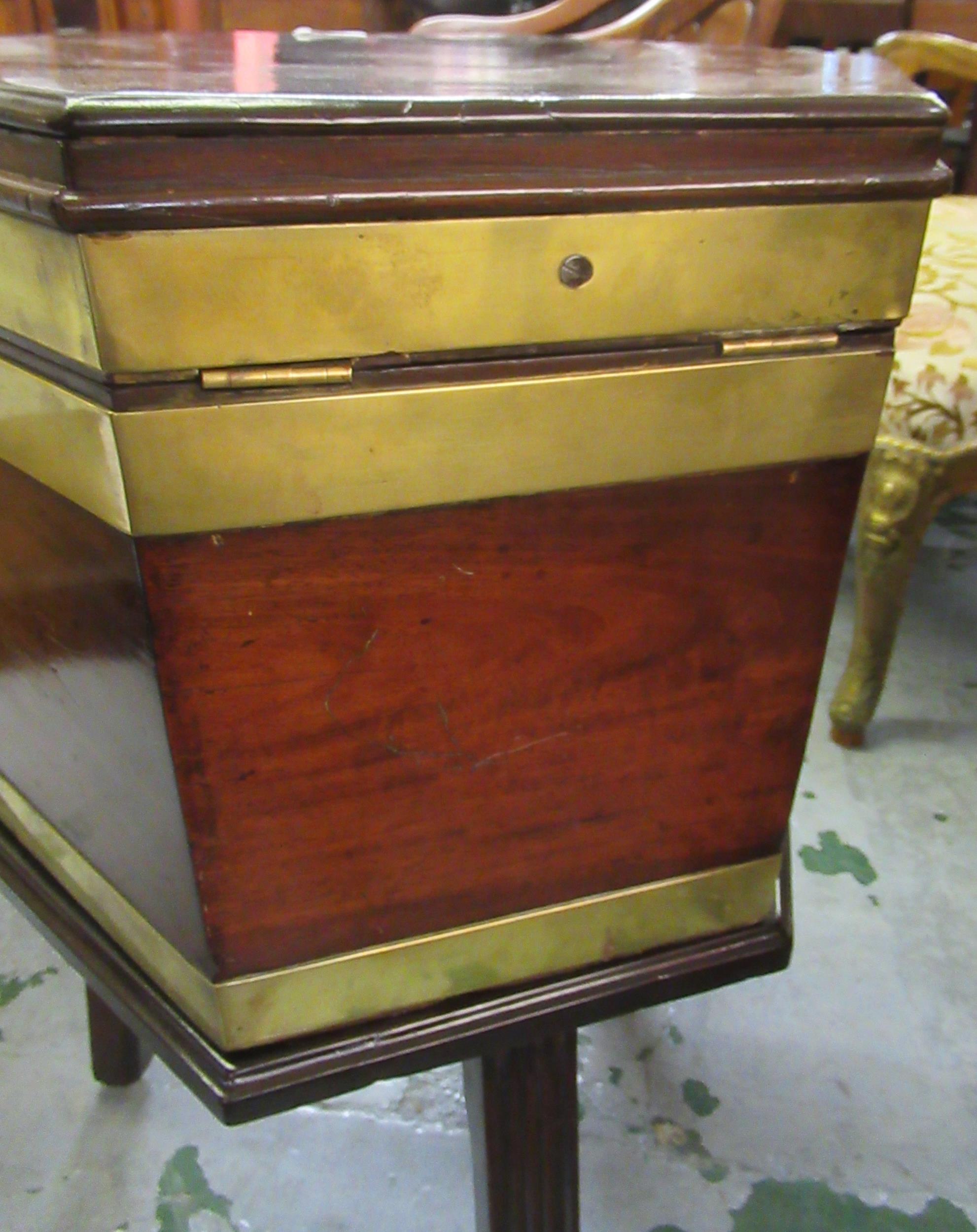 George III mahogany hexagonal brass bound wine cooler, on stand and with reeded supports, the hinged - Image 6 of 9