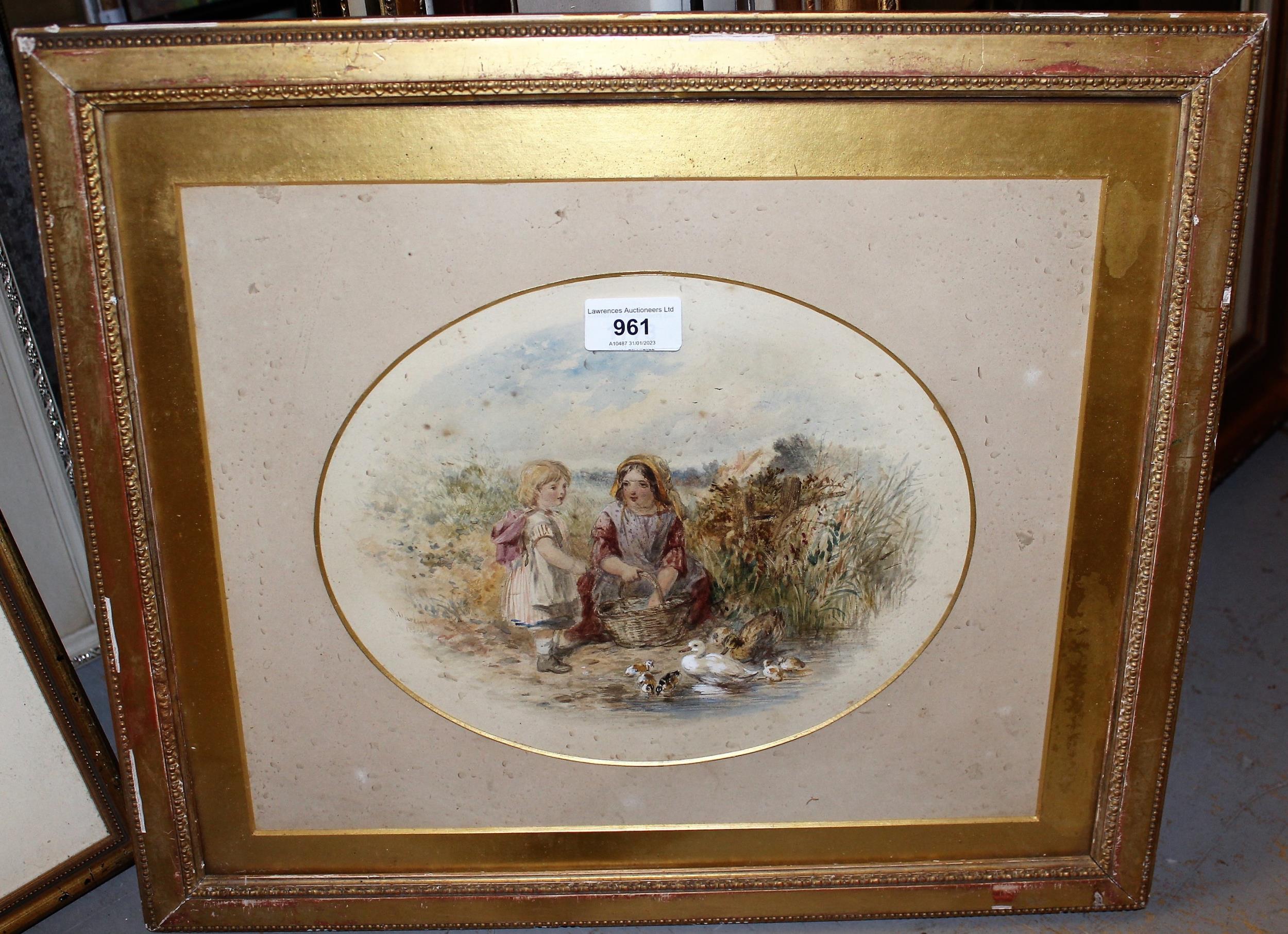 19th Century watercolour, mother and child with ducks and chicks in a landscape, 18cms x 25cms - Image 2 of 3