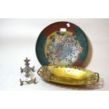 WMF type Art Deco brass fruit dish, 34cms wide together with a Continental plated dip pen stand,