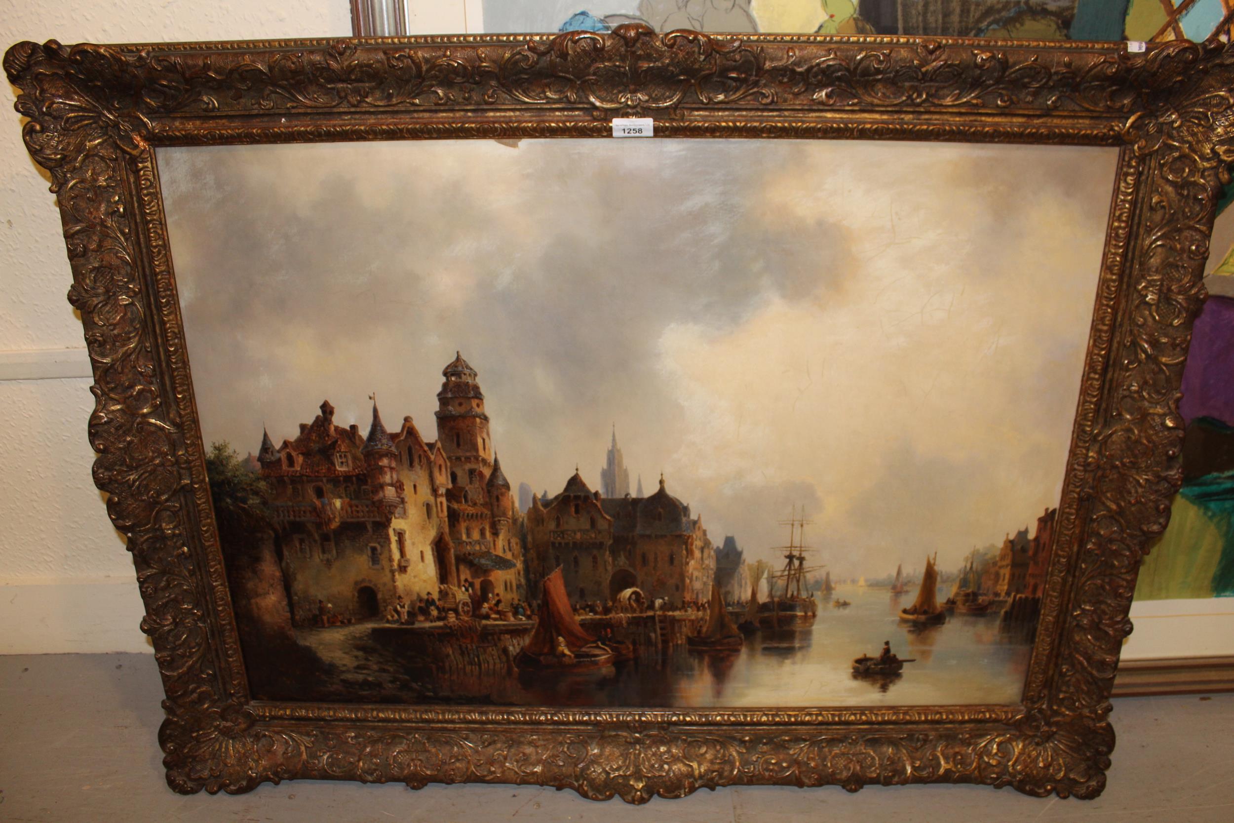 A.F. Liermann, oil on canvas, North European city harbour scene with a busy quayside, figures and - Image 2 of 4