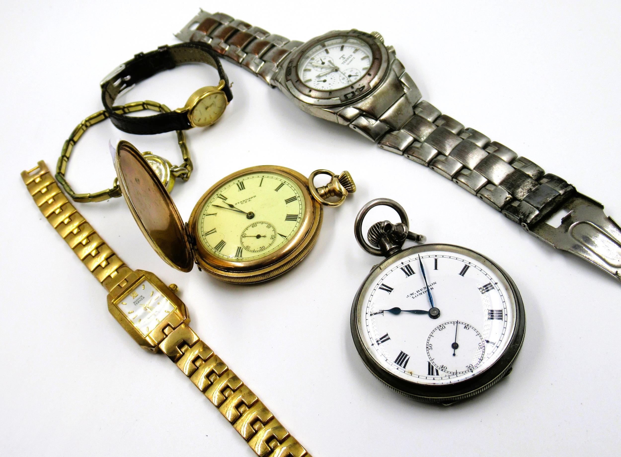 Silver cased open face pocket watch by Benson, together with a gold plated Hunter watch and