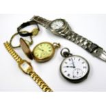Silver cased open face pocket watch by Benson, together with a gold plated Hunter watch and