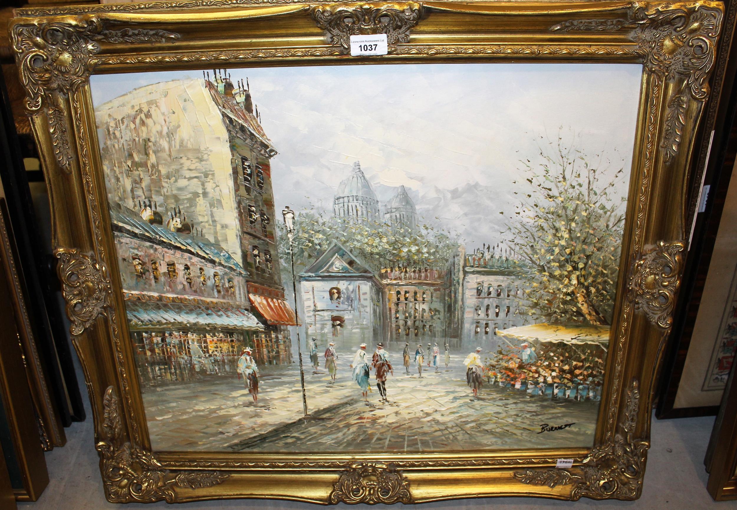 20th Century French oil on canvas, street scene with figures, indistinctly signed, gilt framed, - Image 2 of 2
