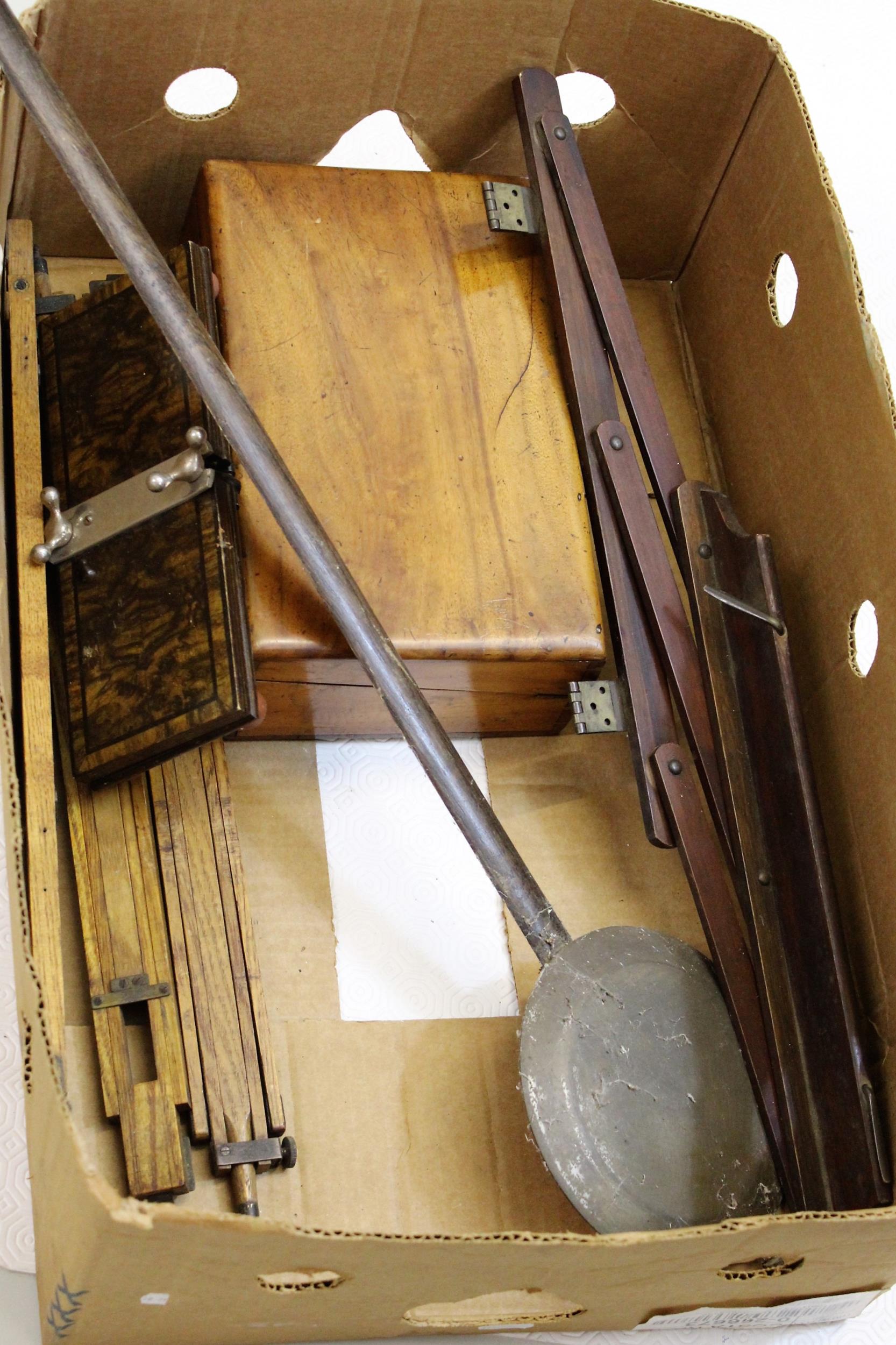 Late 19th / early 20th Century walnut writing box (at fault), small glove press, longcase clock