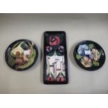 Small Moorcroft rectangular trinket dish, designed by Rachael Bishop, 20cms long, together with a