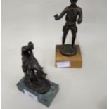 Small bronze patinated figure of a cowboy on horseback on marble plinth, inscribed to the bronze '