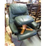 Modern green leather upholstered recliner chair with matching stool