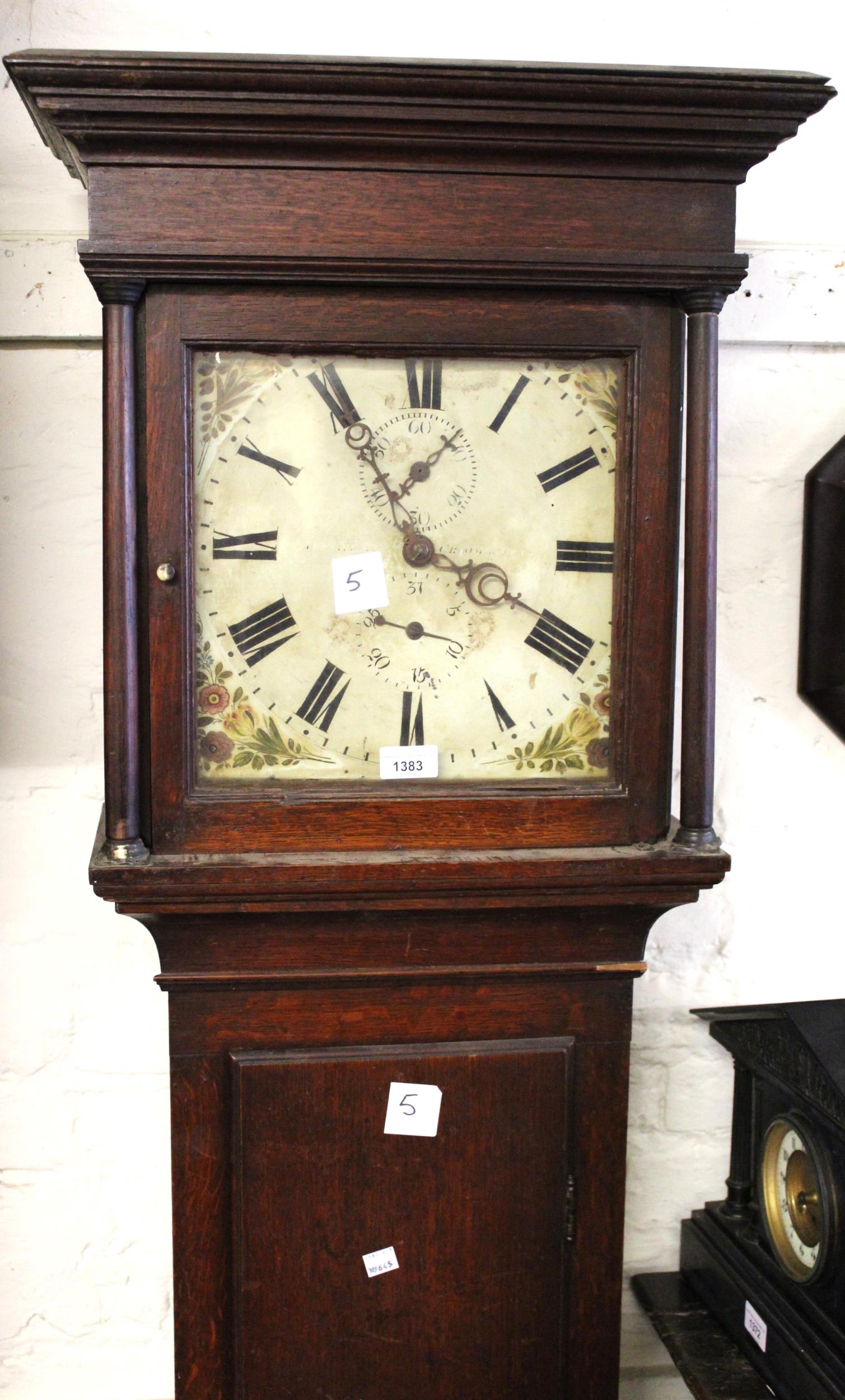 George III oak longcase clock, the square hood enclosing a painted enamelled dial with subsidiary