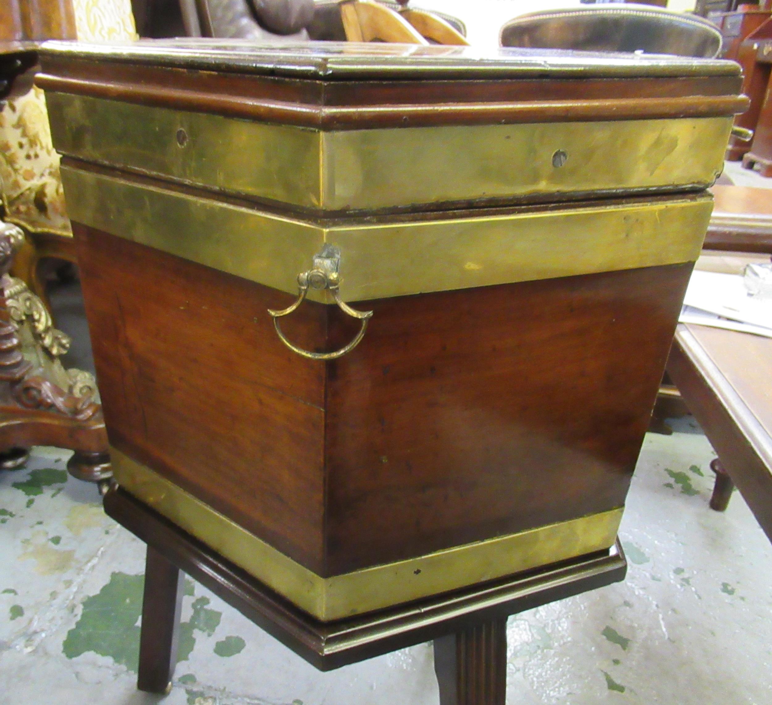 George III mahogany hexagonal brass bound wine cooler, on stand and with reeded supports, the hinged - Image 4 of 9