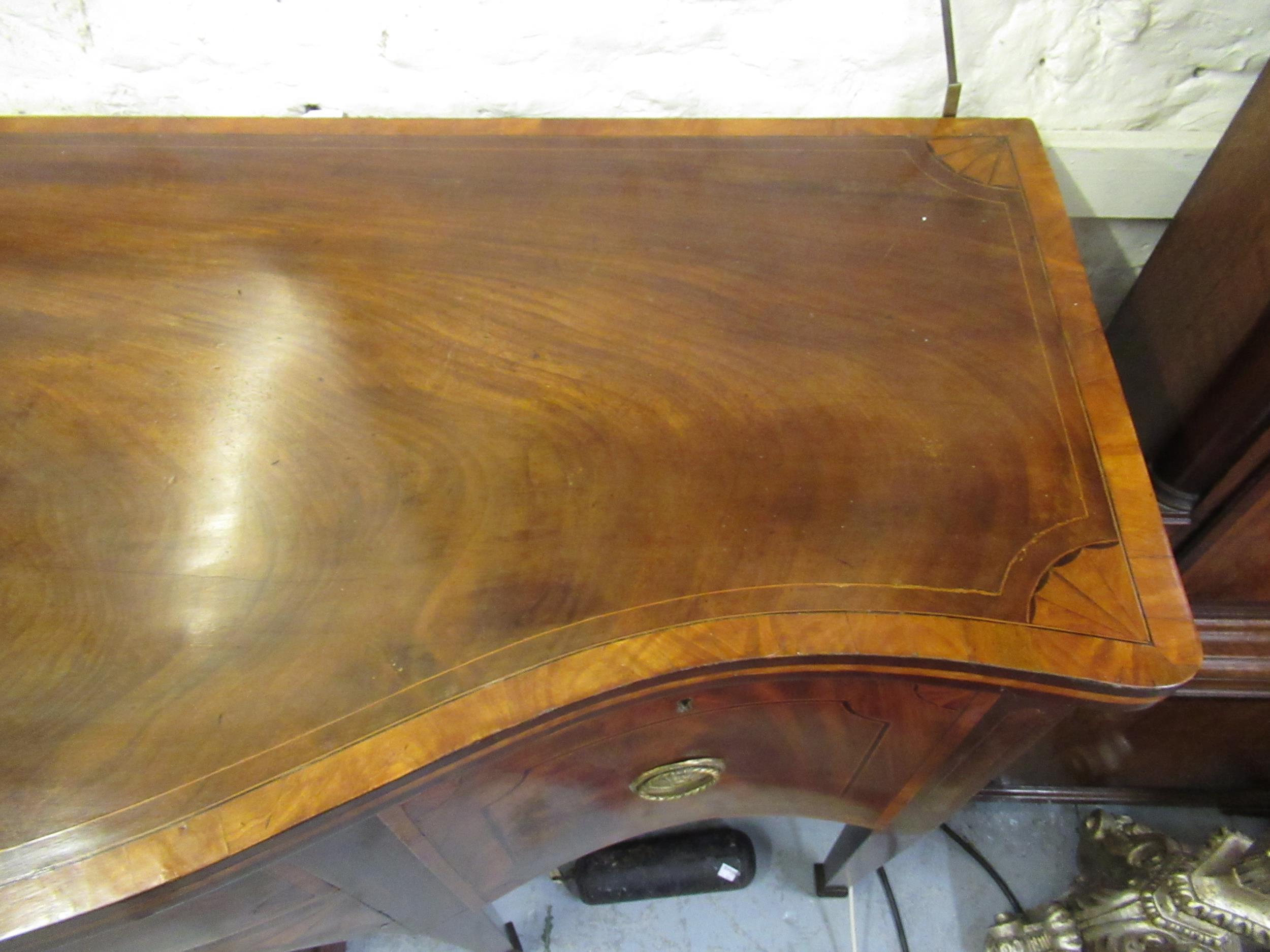 George III mahogany crossbanded and line inlaid serpentine fronted sideboard, with an arrangement of - Image 5 of 5