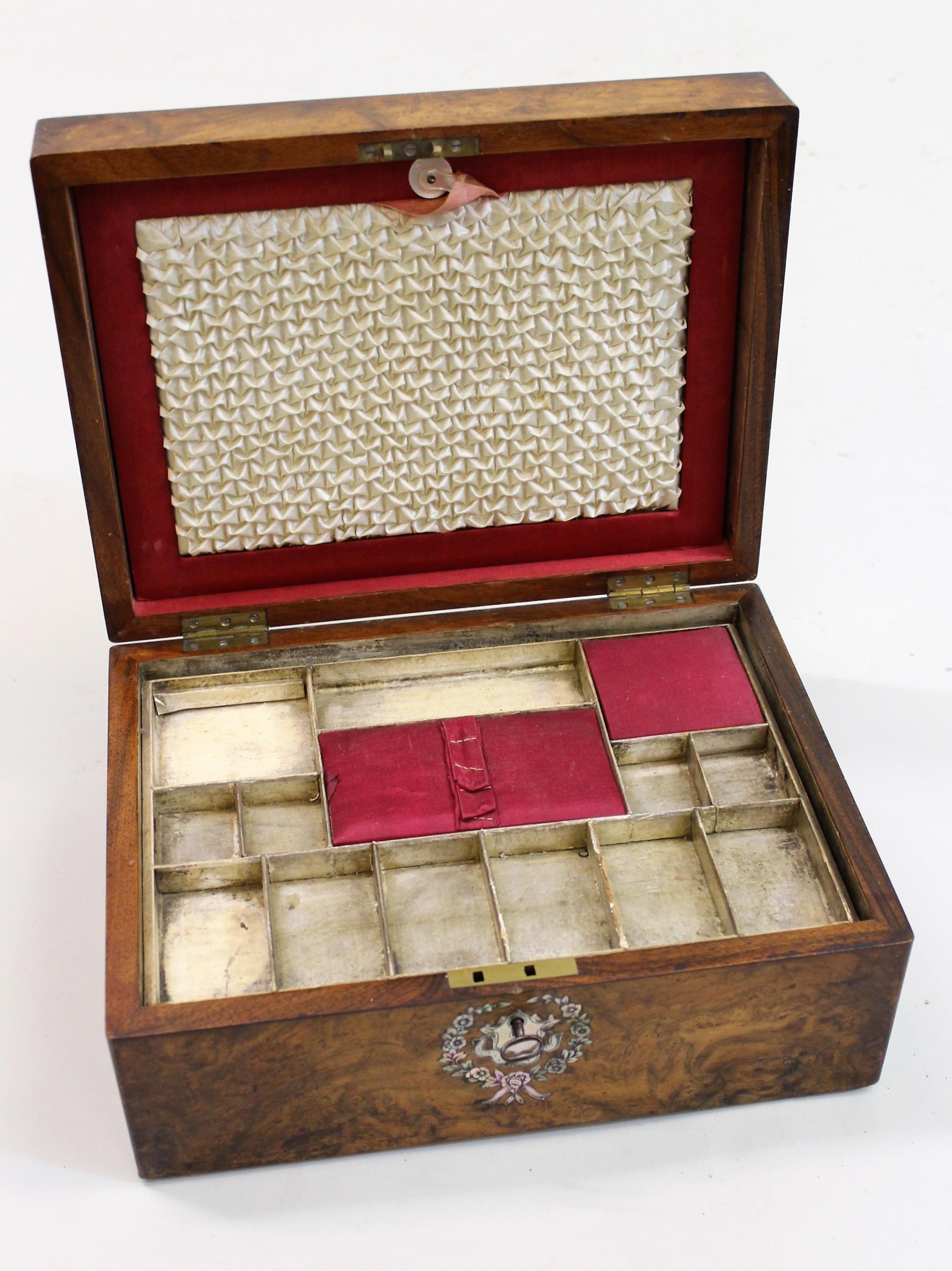 19th Century burr walnut and mother of pearl inlaid work box with partially fitted interior, - Image 2 of 2