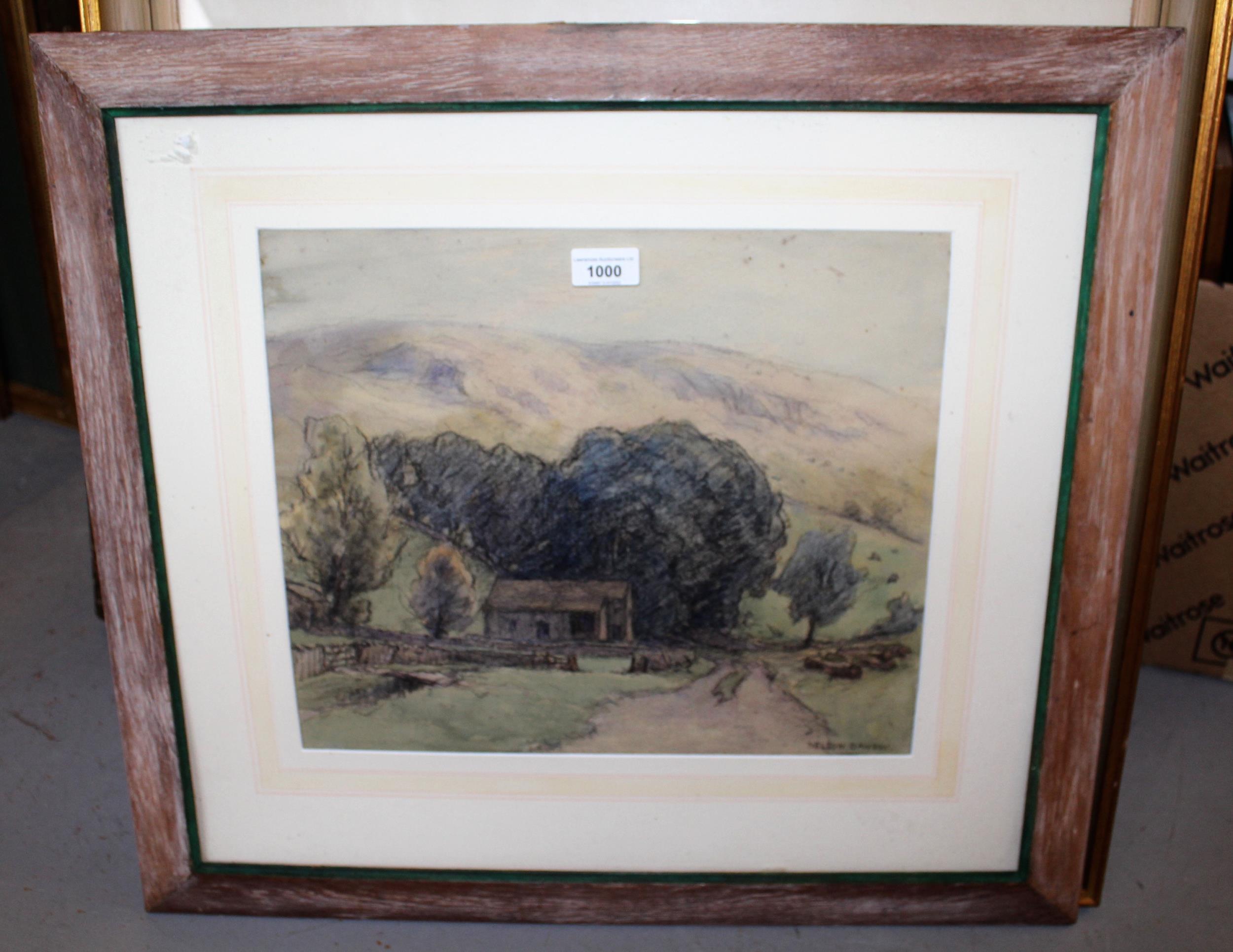 Nelson Dawson, pastel drawing, landscape with farm buildings, 33cms x 40cms approximately, framed - Image 2 of 3