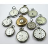 Gold plated half Hunter pocket watch, and a group of six various pocket watches, two fob watches and