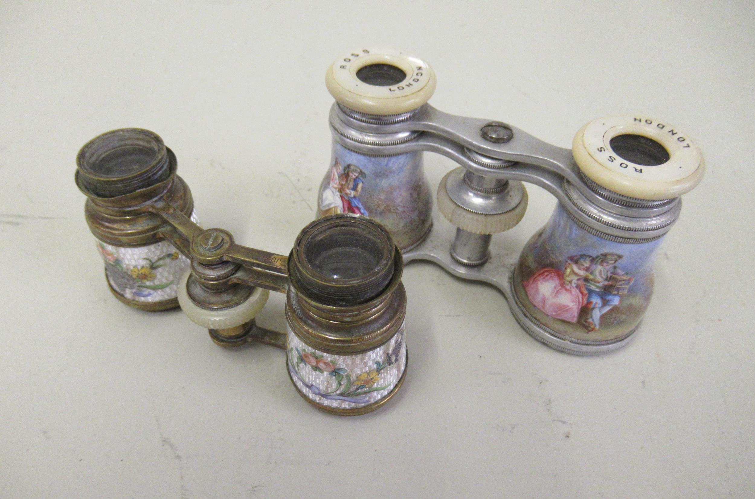 Pair of mother of pearl and enamel decorated opera glasses, by Ross of London, together with another