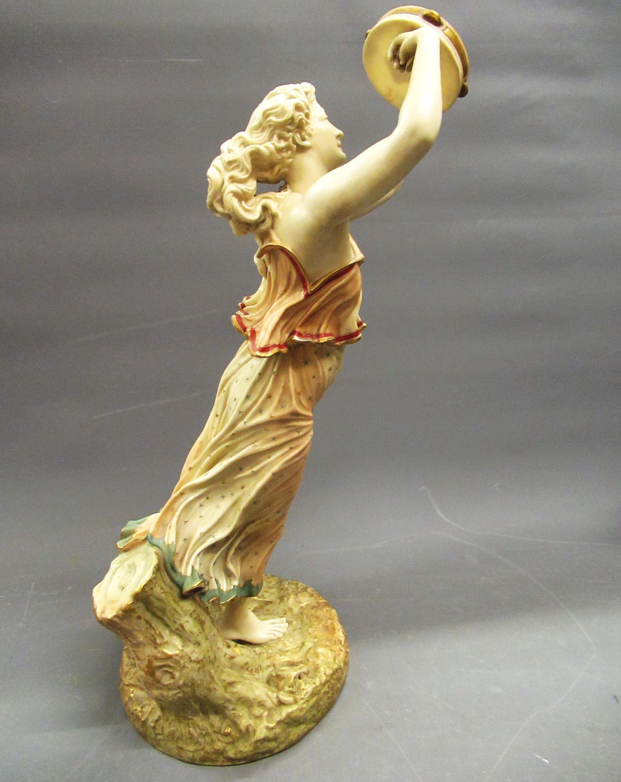 Large Royal Worcester blush ivory figure, female companion bacchante with cymbal, dated 1900,