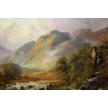 M.M. Ansell, oil on canvas, sunset Highland landscape with waterfall to the foreground, signed,
