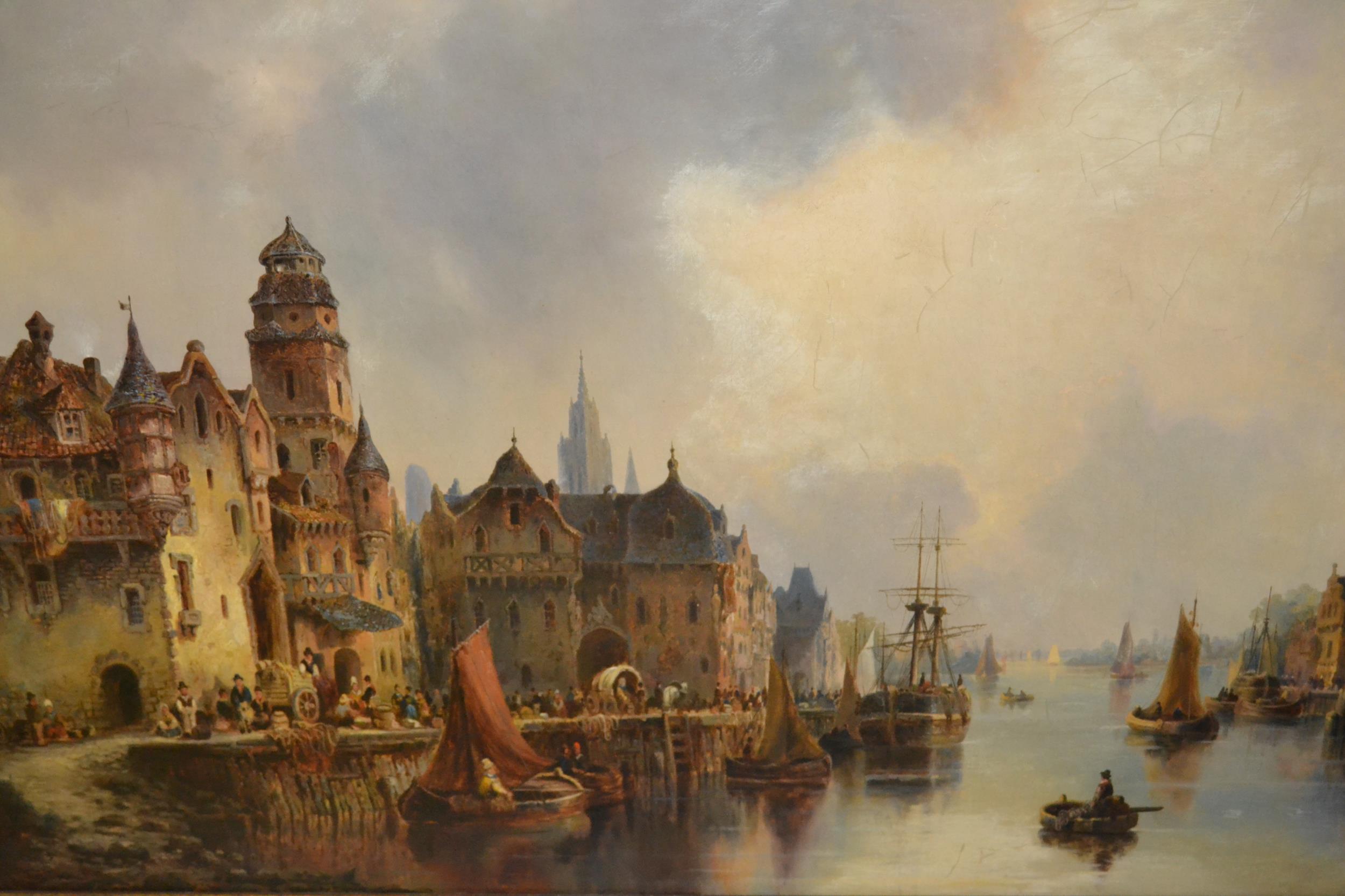 A.F. Liermann, oil on canvas, North European city harbour scene with a busy quayside, figures and