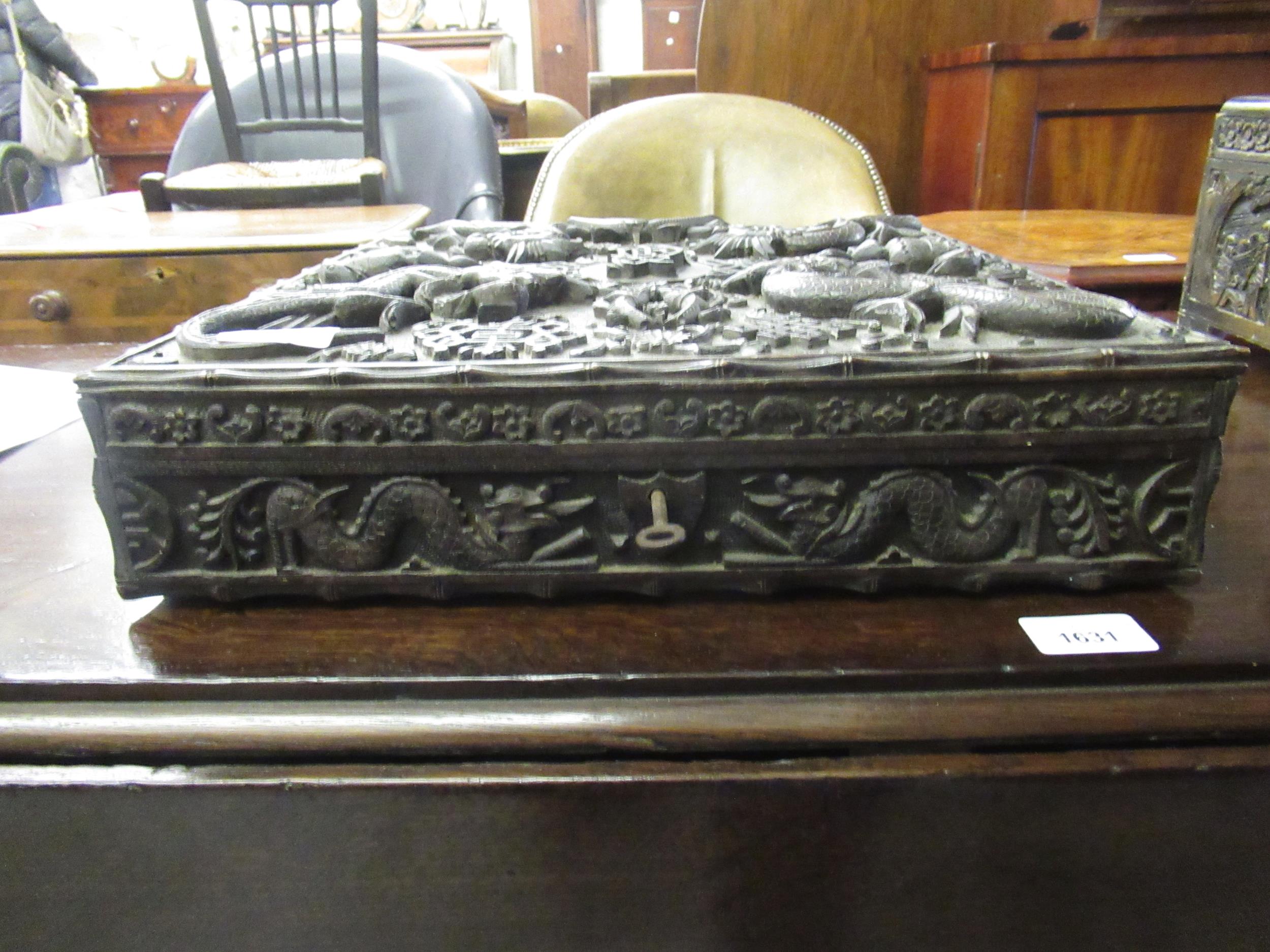 19th Century Chinese hardwood square box, all-over carved with dragons and other motifs, 38cms - Image 3 of 8