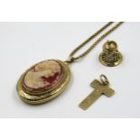 9ct Gold pendant locket inset with a cameo portrait, suspended from a 9ct gold chain, together