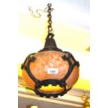 Art Nouveau cast iron black japanned lantern with mottled glass shade