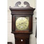 George III oak longcase clock, the square hood with swan neck pediment above a shaped door, the