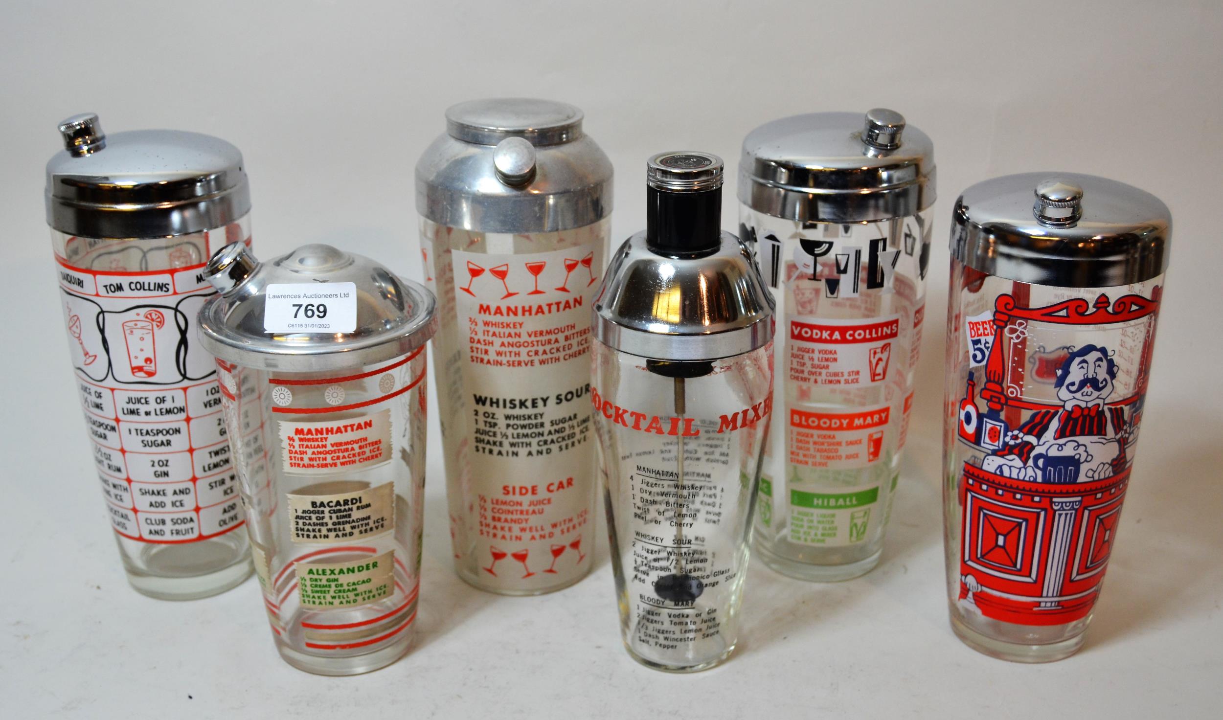 Group of six various glass and metal mounted cocktail shakers All in good condition with some