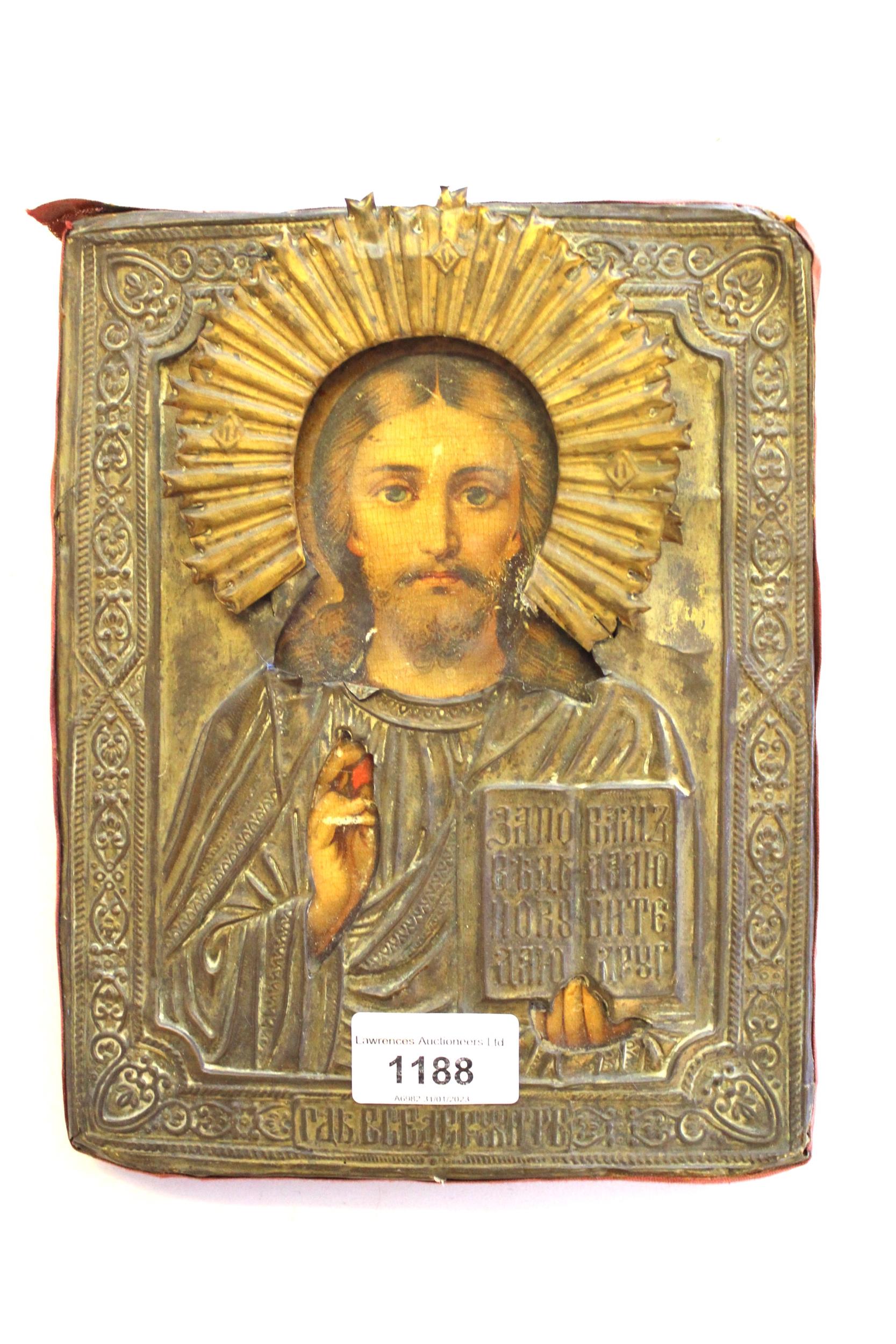 Late 19th / early 20th Century printed and embossed brass mounted icon portrait of Christ, 22.5 x