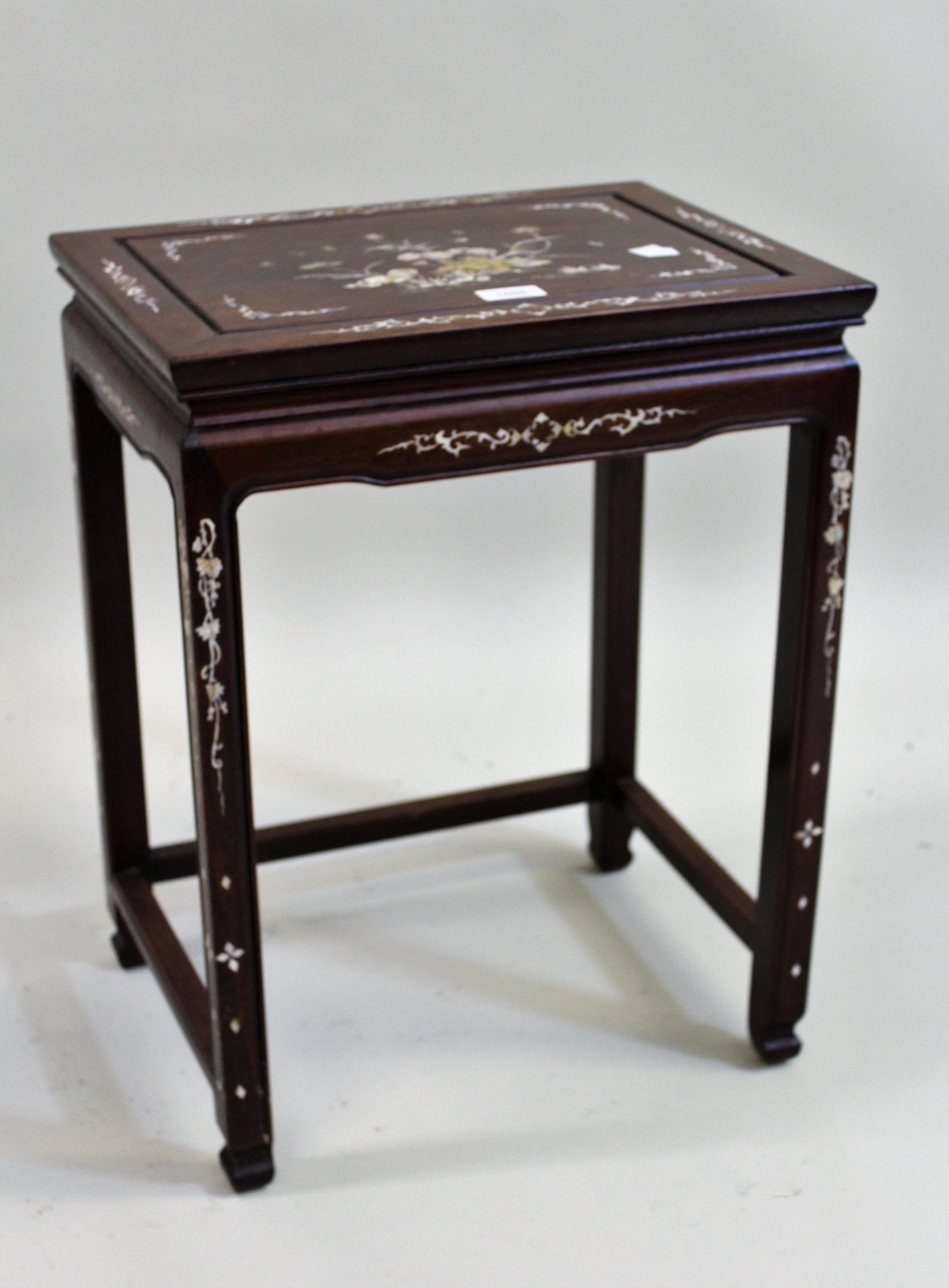 Chinese rectangular hardwood and mother of pearl inlaid occasional table, 43 x 33 x 56cms high