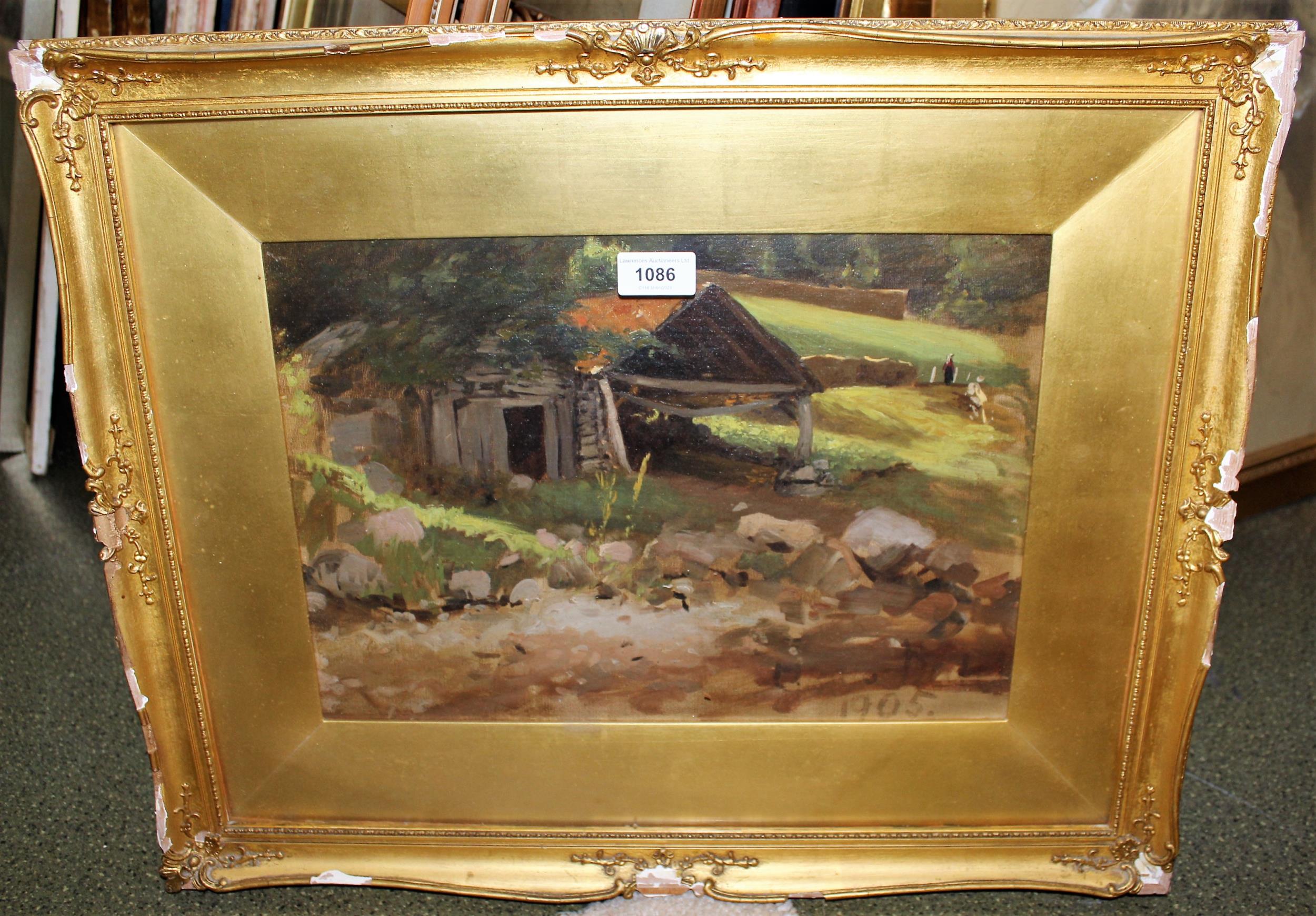 Oil sketch on canvas laid on board, landscape with figures by an open barn, indistinctly signed H. - Image 2 of 2