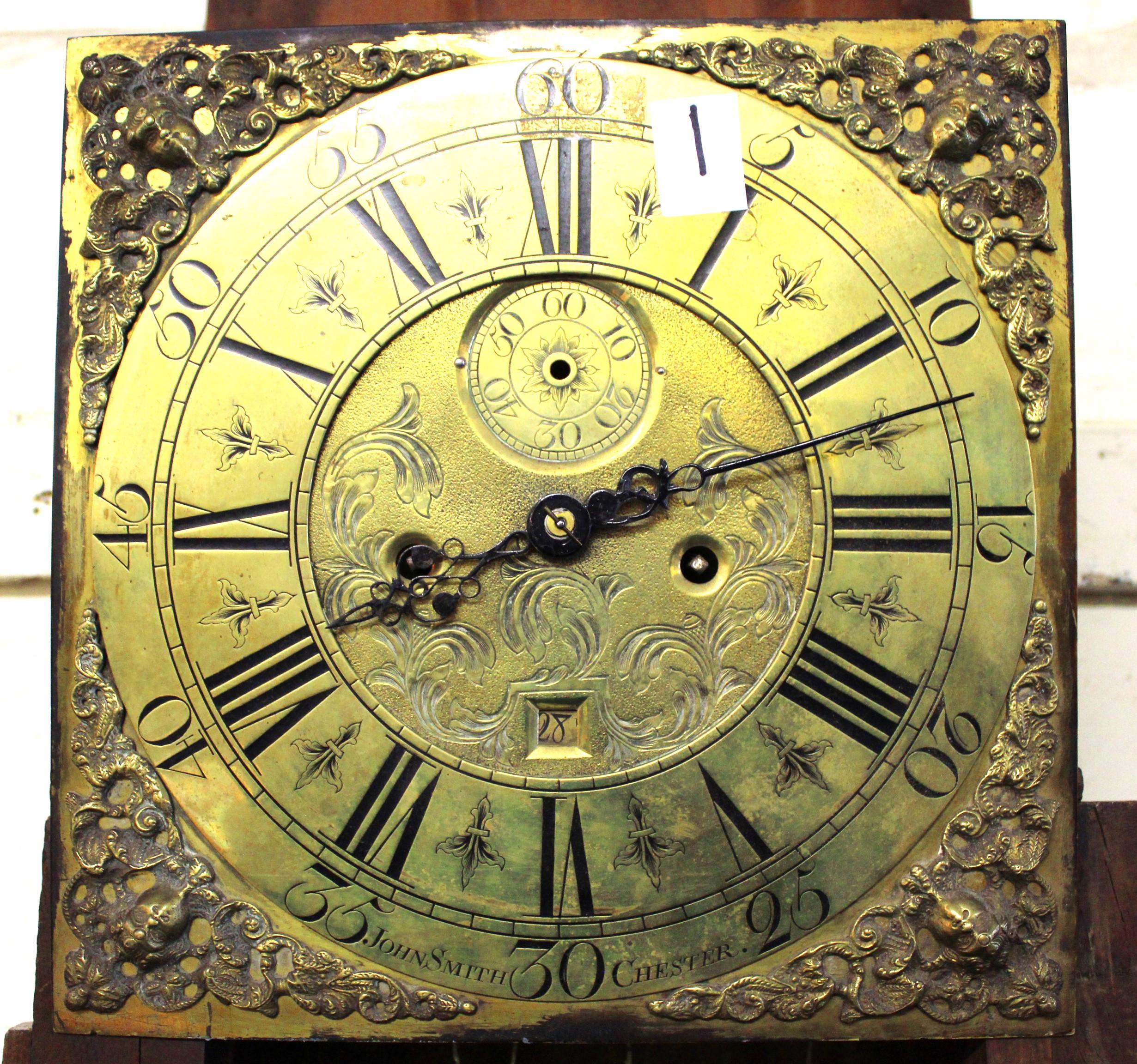 George III oak longcase clock, the square hood with swan neck pediment above a shaped door, the - Image 5 of 5