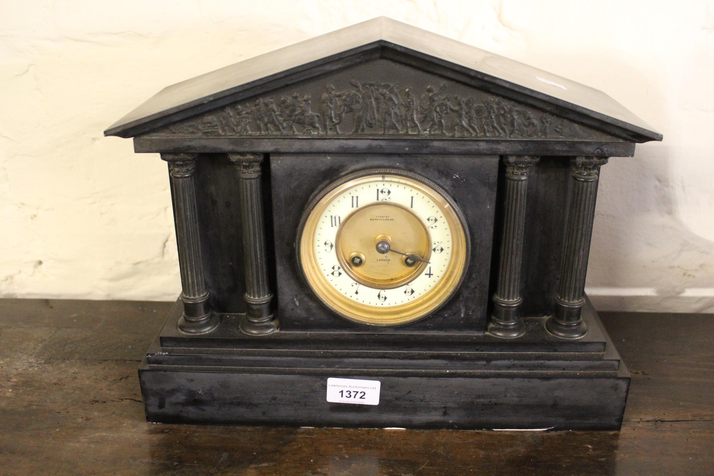 19th Century black slate mantel clock, the circular dial with white chapter ring and Arabic
